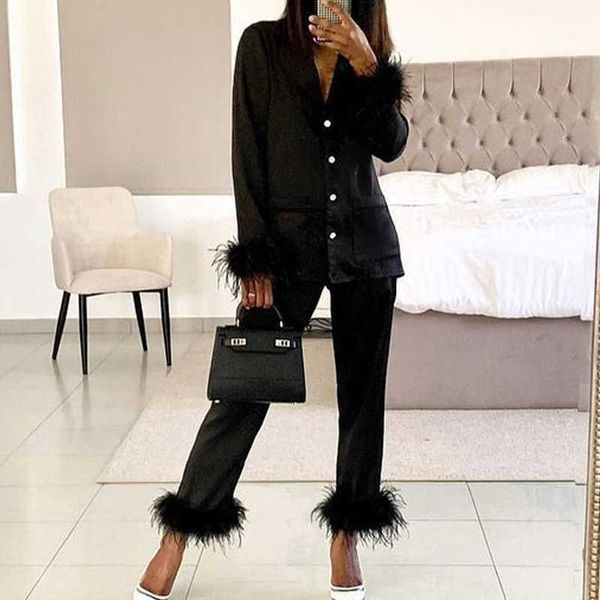 lounge wear women soft feather home suit button up slim pants two piece set casual pajama elegant lady outfits, White
lounge wear women soft feather home suit button up slim pants two piece set casual pajama elegant lady outfits, White