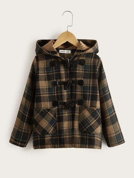 toddler boys plaid pocket front duffle hooded coat she, Blue;gray