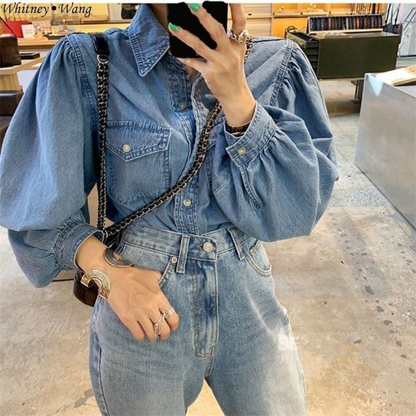 whitney wang 2019 spring autumn fashion streetwear vintage style puff sleeve denim blouse women blusas jean shirt t200321, White
whitney wang 2019 spring autumn fashion streetwear vintage style puff sleeve denim blouse women blusas jean shirt t200321, White