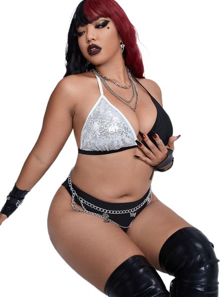 plus sequin halter triangle high waist bikini swimsuit without belt 48jf#, White;black
plus sequin halter triangle high waist bikini swimsuit without belt 48jf#, White;black