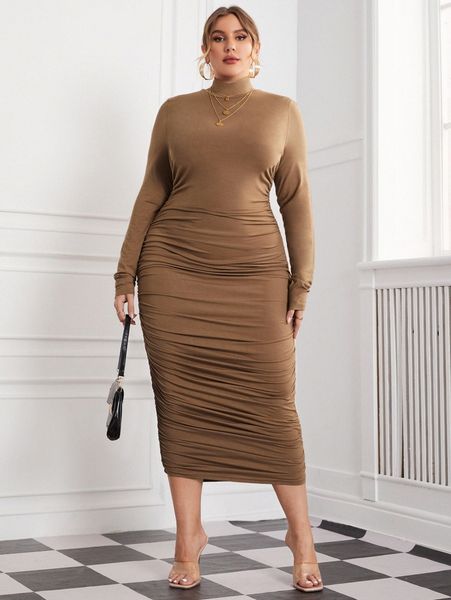 plus solid ruched bodycon dress e63k#, Black 
plus solid ruched bodycon dress e63k#, Black