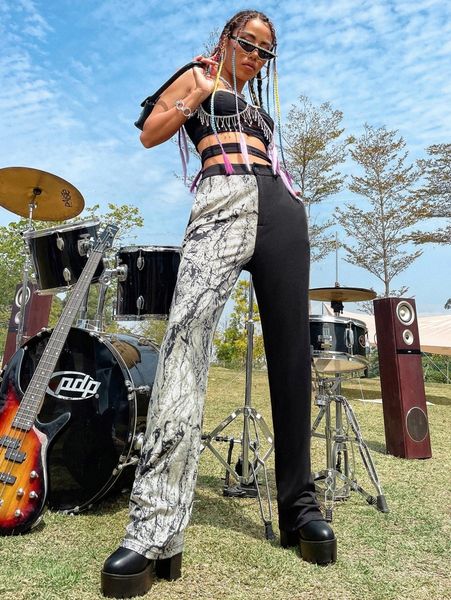 colorblock straight leg pants a0i8#, Black;white 
colorblock straight leg pants a0i8#, Black;white