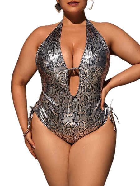 plus snakeskin print cut out tie back halter one piece swimsuit s6ga#, White;black
plus snakeskin print cut out tie back halter one piece swimsuit s6ga#, White;black