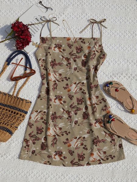 knot shoulder floral cami dress v7ti#, Black;gray