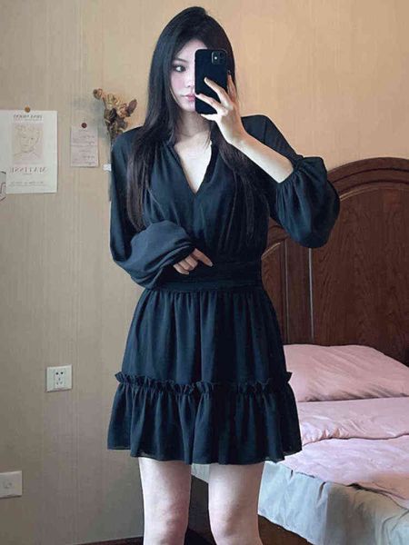 2022 new women black long dress elegant spring chiffon v neck three quarter sleeve pleated dress l220714, Black;gray
2022 new women black long dress elegant spring chiffon v neck three quarter sleeve pleated dress l220714, Black;gray