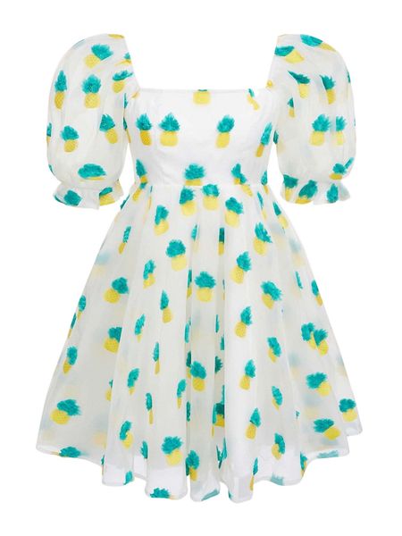 mod square neck puff sleeve pineapple pattern applique dress g9gg#, Black;gray 
mod square neck puff sleeve pineapple pattern applique dress g9gg#, Black;gray