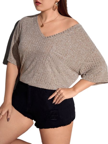plus v neck drop shoulder tee t6ks#, Black