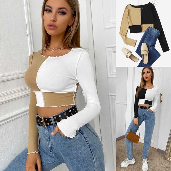 women's wear women's wear short splicing color matching casual round neck long sleeve short top, White
women's wear women's wear short splicing color matching casual round neck long sleeve short top, White
