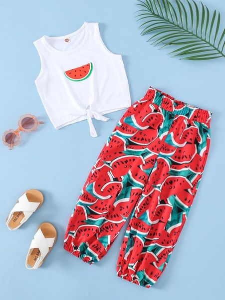 little girl's watermelon pattern front knotted vest, coat and trousers she, White
little girl's watermelon pattern front knotted vest, coat and trousers she, White