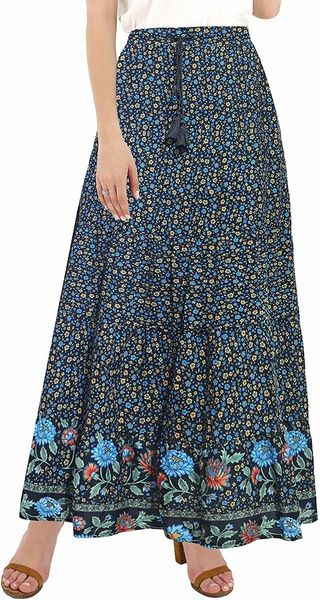 women's boho print elastic waist tie-up a line maxi skirt with pockets t9q1#, White;black
women's boho print elastic waist tie-up a line maxi skirt with pockets t9q1#, White;black