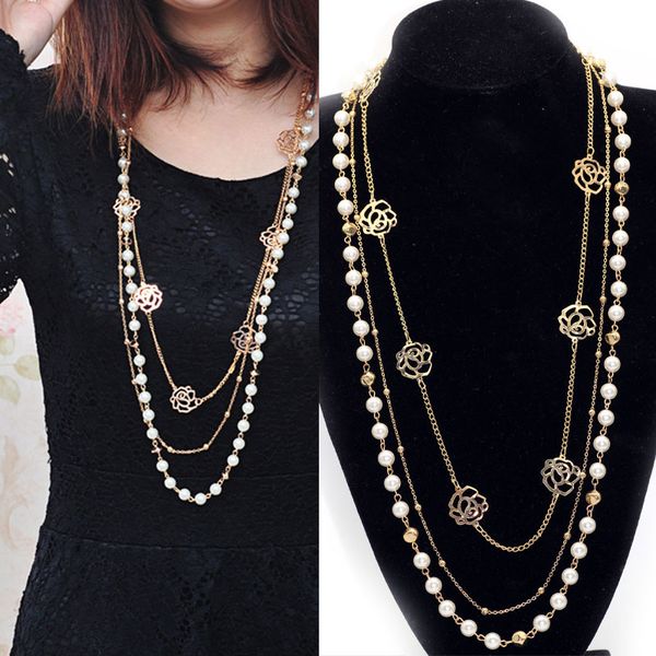 long simulated pearl beaded necklace for women camellia double layer sweater chain necklaces, Silver
long simulated pearl beaded necklace for women camellia double layer sweater chain necklaces, Silver
