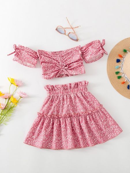 little girl's plant printed off shoulder and paper bag waist ruffle skirt she, White
little girl's plant printed off shoulder and paper bag waist ruffle skirt she, White