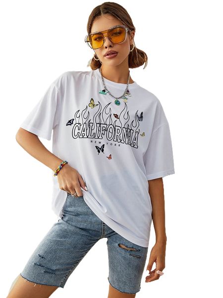 letter & butterfly print drop shoulder tee y2m8#, White