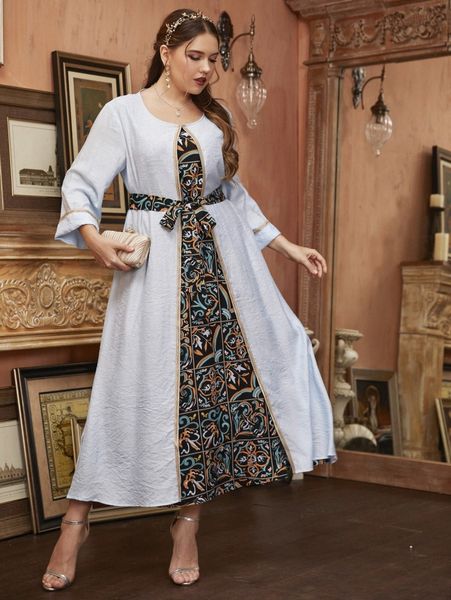 plus contrast floral belted dress 17np#, Black