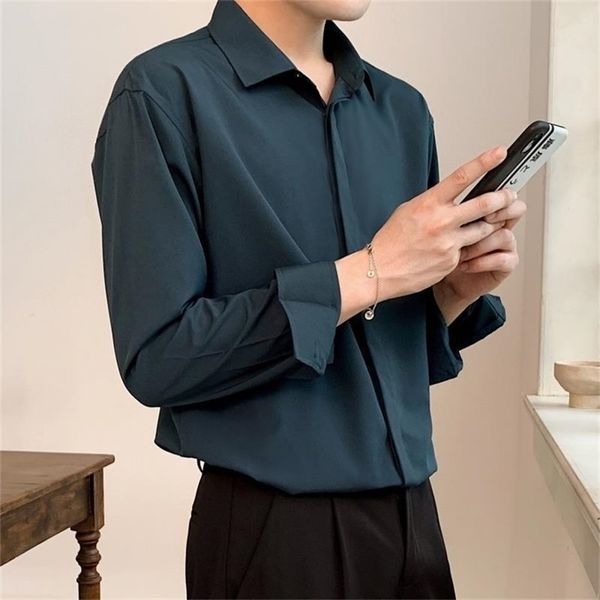 korean fashion drape shirts for men solid color long sleeve ice silk smart casual comfortable button up shirt 220720, White;black
korean fashion drape shirts for men solid color long sleeve ice silk smart casual comfortable button up shirt 220720, White;black