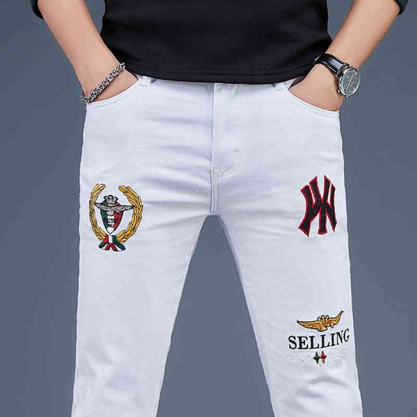 men's white printed jeans men's fashion korean slim fit brand casual leggings pants loose spring and autumn style, Blue
men's white printed jeans men's fashion korean slim fit brand casual leggings pants loose spring and autumn style, Blue