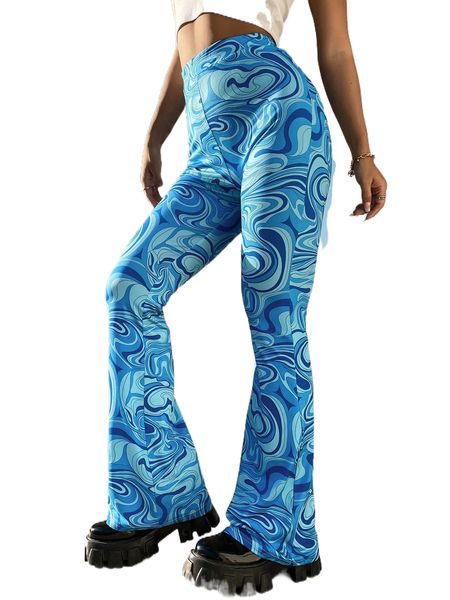 high waist marble print flare leg pants 40kj#, Black;white