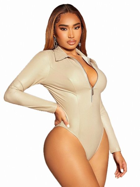 sxy solid half zip pu bodysuit j3zf#, White