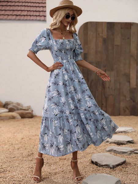 floral print shirred square neck puff sleeve ruffle hem dress p3vq#, Black;gray
floral print shirred square neck puff sleeve ruffle hem dress p3vq#, Black;gray