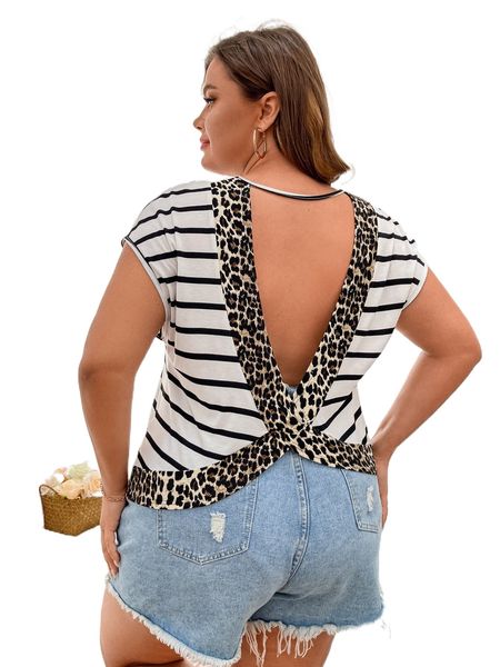 plus striped & leopard print cut out back batwing sleeve tee g3td#, Black
plus striped & leopard print cut out back batwing sleeve tee g3td#, Black