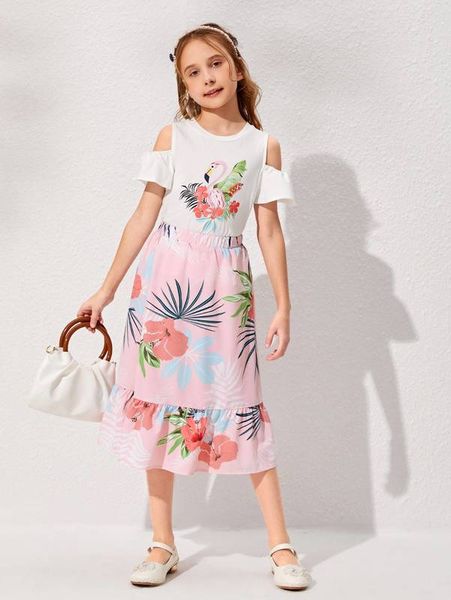 

girls flamingo & tropical print cold shoulder tee & flounce hem skirt set she, White