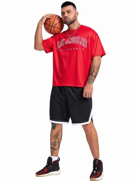 extended sizes men letter graphic tee & drawstring waist shorts d0pa#, Gray