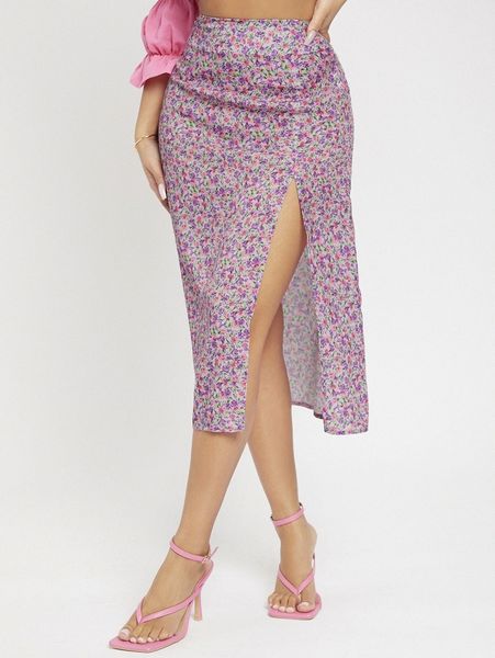 petite high waist ditsy floral split thigh skirt 70yf#, Black