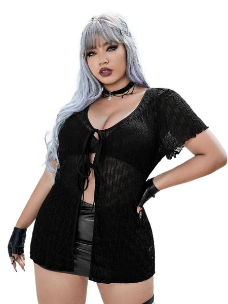 plus lettuce trim tie front sheer j7bz#, Black 
plus lettuce trim tie front sheer j7bz#, Black