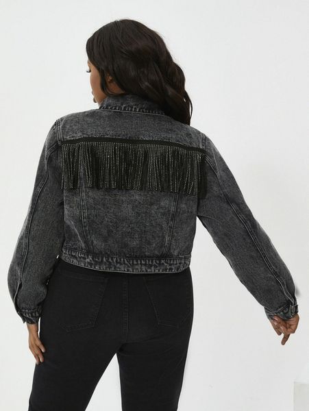 sxy plus button up fringe detail denim jacket n1lw#, Black;brown
sxy plus button up fringe detail denim jacket n1lw#, Black;brown