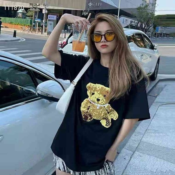 women's t-shirt summer wd embroidery three-dimensional pearl bear pattern loose men's and women's t-shirt, White
women's t-shirt summer wd embroidery three-dimensional pearl bear pattern loose men's and women's t-shirt, White