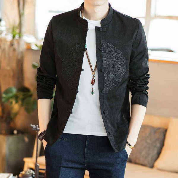 men's vintage dragon embroidered bomber jacket ethnic style coat button mandarin collar men's fashion coat jacket y220803, Black;brown
men's vintage dragon embroidered bomber jacket ethnic style coat button mandarin collar men's fashion coat jacket y220803, Black;brown