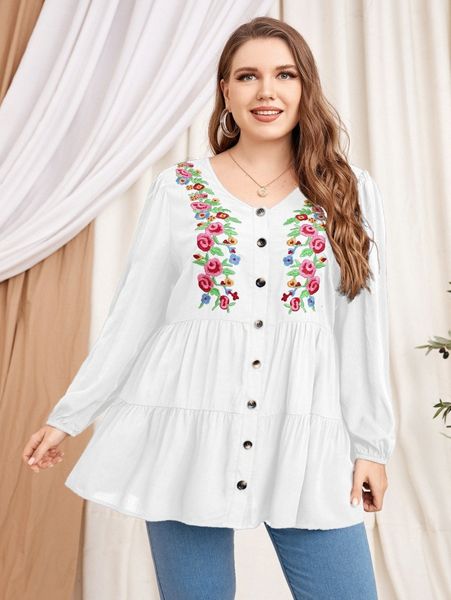 plus floral embroidery button front peplum blouse f3wa#, Black
plus floral embroidery button front peplum blouse f3wa#, Black