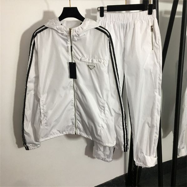 women's two piece pants new suit with triangle badge long sleeve hooded zipper trench coat elastic waist trousers outfit, White
women's two piece pants new suit with triangle badge long sleeve hooded zipper trench coat elastic waist trousers outfit, White