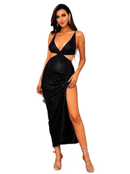 love&lemonade lace up backless split thigh sequin dress p3r3#, Black;gray 
love&lemonade lace up backless split thigh sequin dress p3r3#, Black;gray