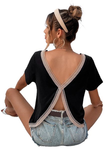 contrast guipure lace trim backless tee f3tr#, White
contrast guipure lace trim backless tee f3tr#, White