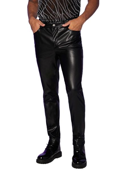 men slant pocket pu leather pants b5ij#, Black