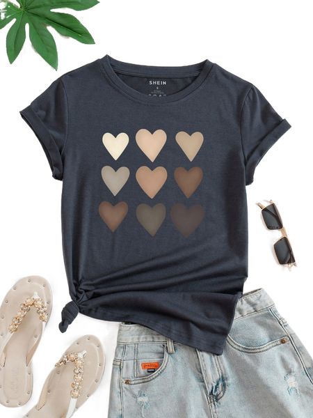 heart print round neck tee 91oh#, White 
heart print round neck tee 91oh#, White