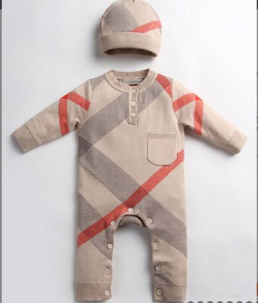 autumn winter baby knitting rompers with hats infant boys girls plaid long sleeve jumpsuits toddler newborn onesies kids romper s112, Blue