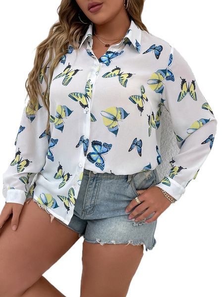 plus butterfly print button front shirt d4bw#, Black