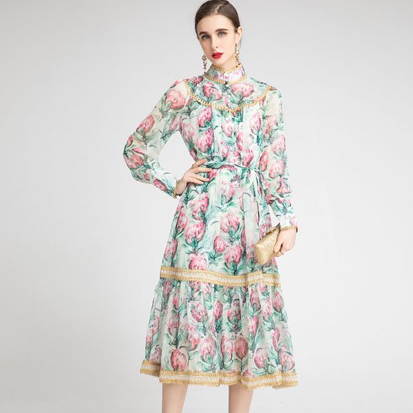 women's runway dress stand collar long sleeves floral printed lace up belt fashion casual midi designer dresses vestidos, Black
women's runway dress stand collar long sleeves floral printed lace up belt fashion casual midi designer dresses vestidos, Black