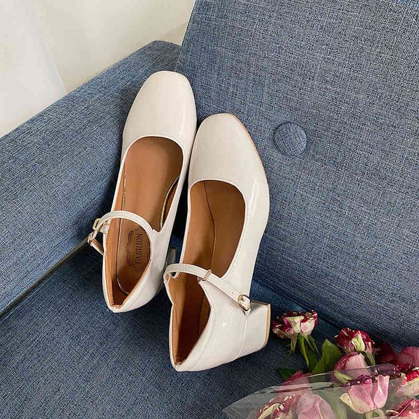 dress shoes mary jane shoes women fashion one button square head thick heel fairy gentle art single, Black