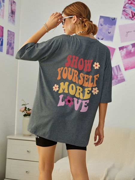 slogan & floral print drop shoulder tee i94b#, White
slogan & floral print drop shoulder tee i94b#, White