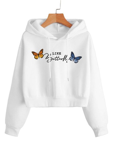 letter & butterfly print drop shoulder drawstring thermal hoodie p9la#, Black