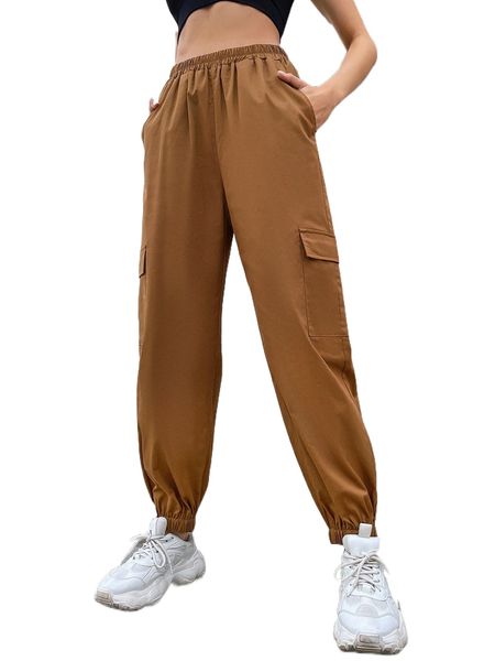 elastic waist solid cargo pants q5oh#, Black;white