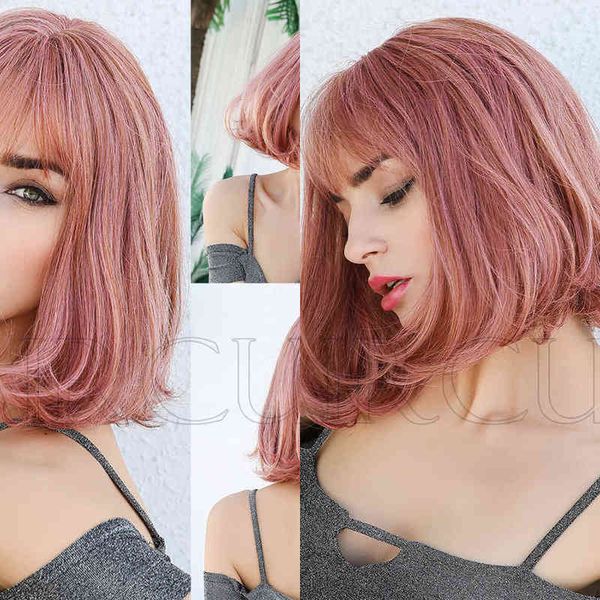 synthetic wigs style fashion trend women's wig air bangs pink bob head short curly wigs daily application 220527, Black 
synthetic wigs style fashion trend women's wig air bangs pink bob head short curly wigs daily application 220527, Black