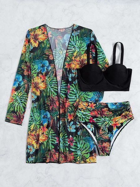 women's swimwear tropical print three piece bikini push up swimsuit women 2022 long sleeves cover high waist womenwomen's, White;black
women's swimwear tropical print three piece bikini push up swimsuit women 2022 long sleeves cover high waist womenwomen's, White;black