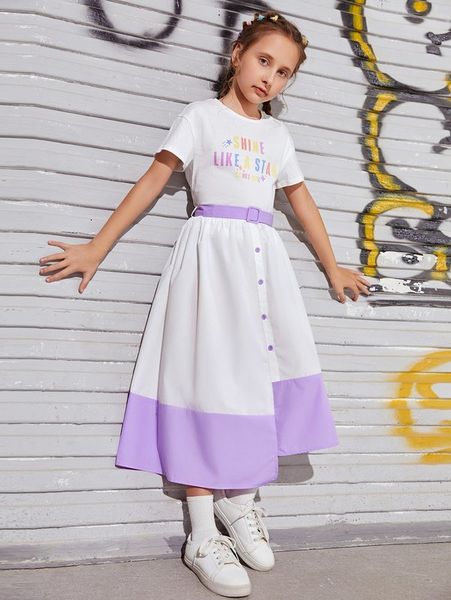 girls slogan graphic tee and buckle belted colorblock skirt set she, White
girls slogan graphic tee and buckle belted colorblock skirt set she, White