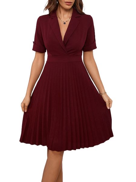 lapel collar pleated hem dress f6hn#, Black;gray
