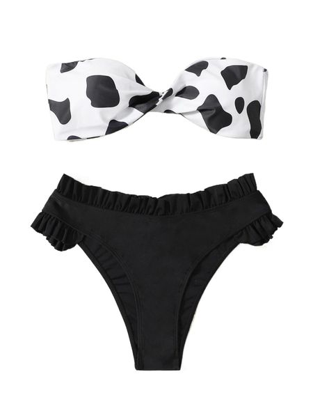 cow print frill trim bandeau bikini swimsuit e2mu#, White;black
cow print frill trim bandeau bikini swimsuit e2mu#, White;black