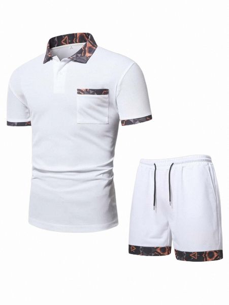 men geo print patched pocket polo shirt & drawstring waist shorts k9qk#, Gray
men geo print patched pocket polo shirt & drawstring waist shorts k9qk#, Gray